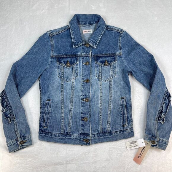 Sunset + Spring Denim Jacket Womens Size Small Ruffle Trim Blue - Picture 2 of 12